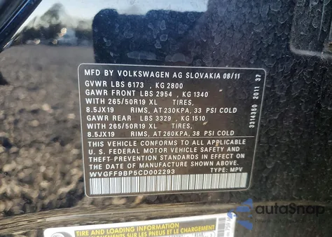 2012 Volkswagen Touareg V6 z USA, uszkodzony, nr VIN WVGFF9BP5CD002293